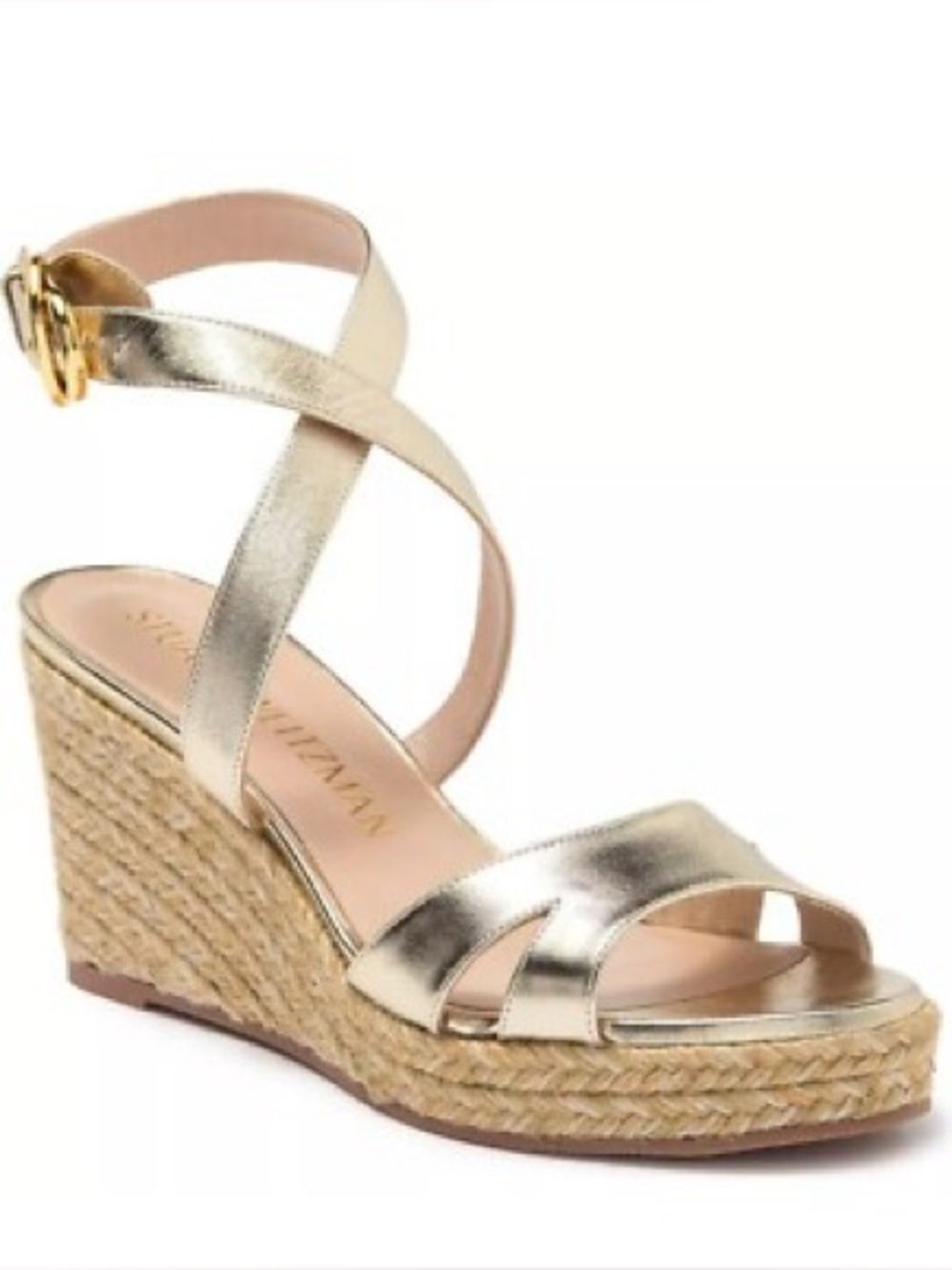 NEW Stuart Weitzman Zuzu Gold Leather Espadrille Wedge Sandal, 6